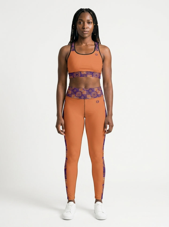 Sankofa Set // Bra + Leggings — Sango Orange colorway — studio front view — SunBorn