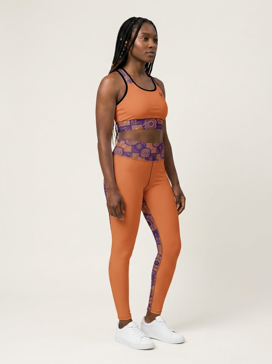 Sankofa Set // Bra + Leggings — Sango Orange colorway — three-quarter angle, left — SunBorn