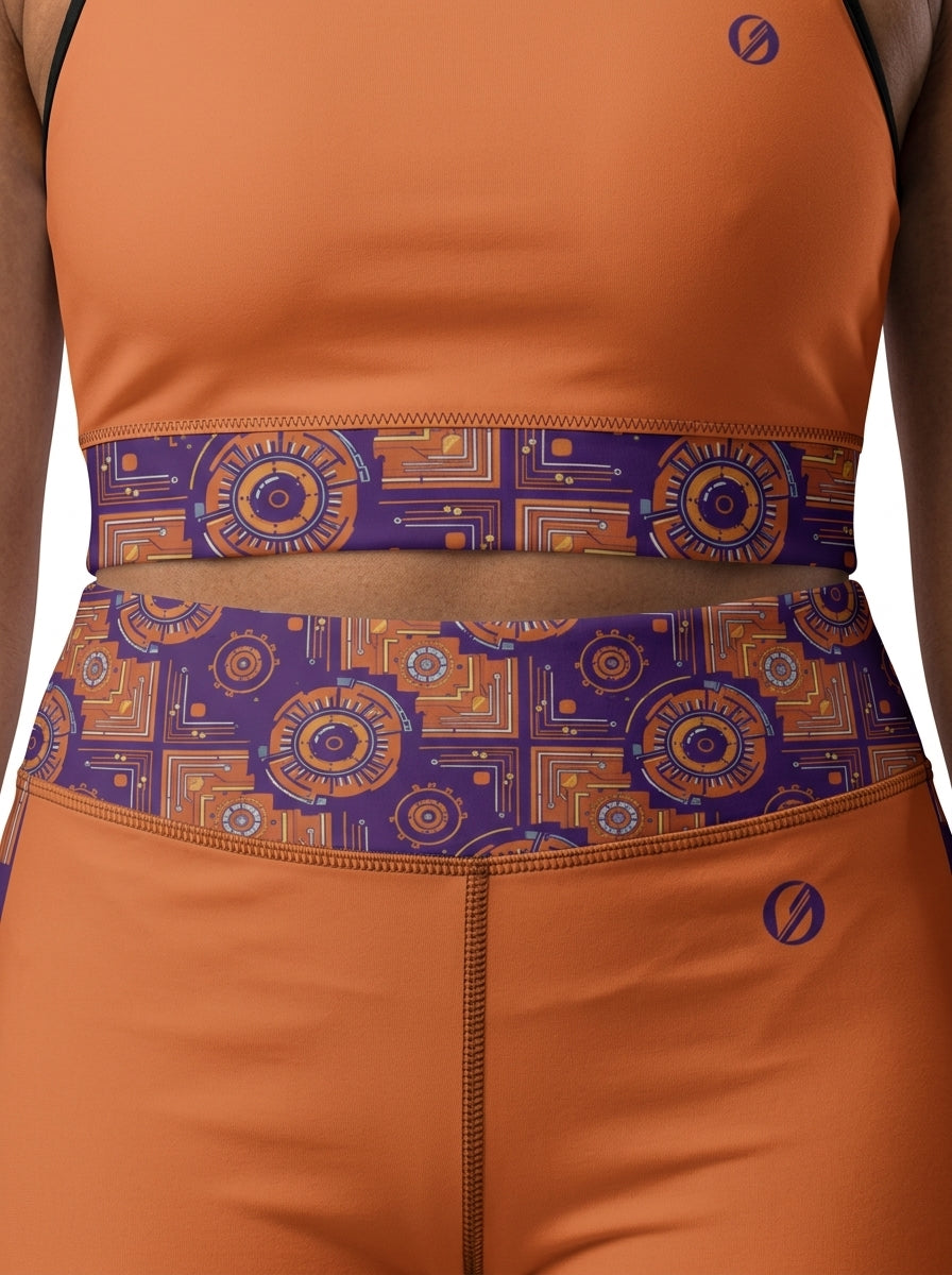 Sankofa Set // Bra + Leggings — Sango Orange colorway — macro seam and waistband detail close-up — SunBorn