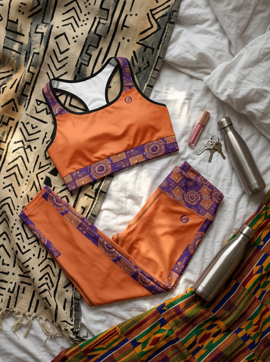 Sankofa Set // Bra + Leggings — Sango Orange colorway — flat lay with lifestyle accessories — SunBorn
