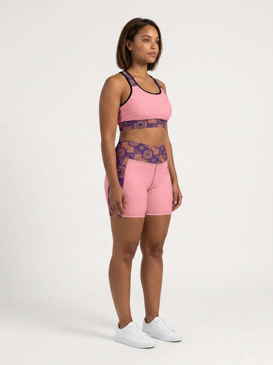 Sankofa Set // Bra + Shorts — Adaeze Pink colorway — three-quarter angle, right — SunBorn