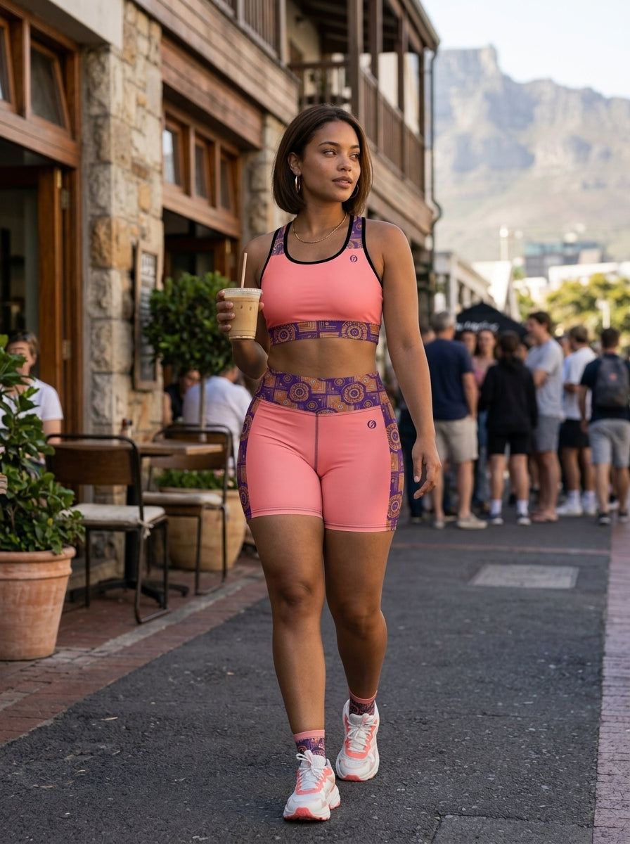 Sankofa Set // Bra + Shorts — Adaeze Pink colorway — outdoor candid shot — SunBorn