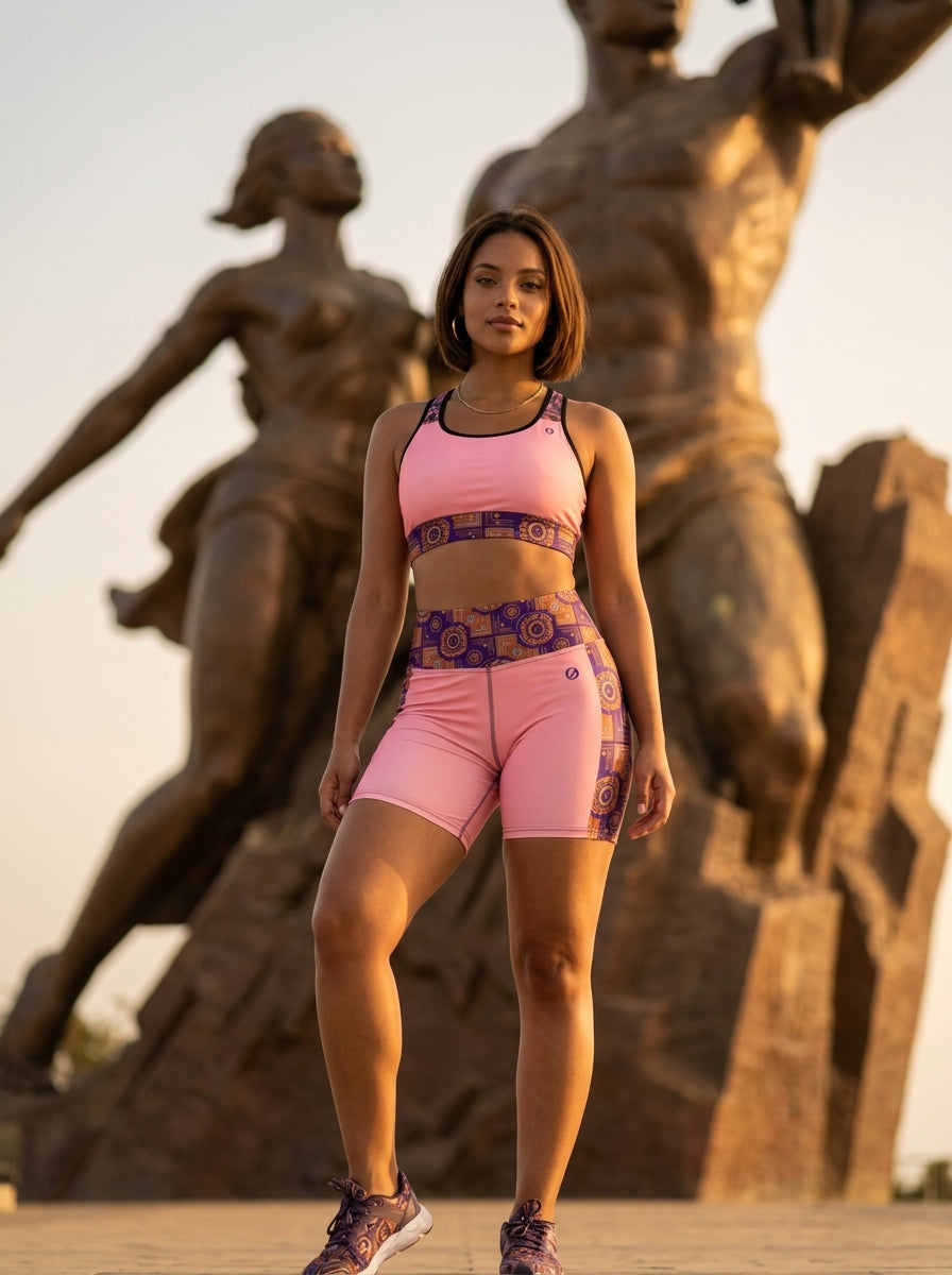 Sankofa Set // Bra + Shorts — Adaeze Pink colorway — editorial golden hour portrait — SunBorn