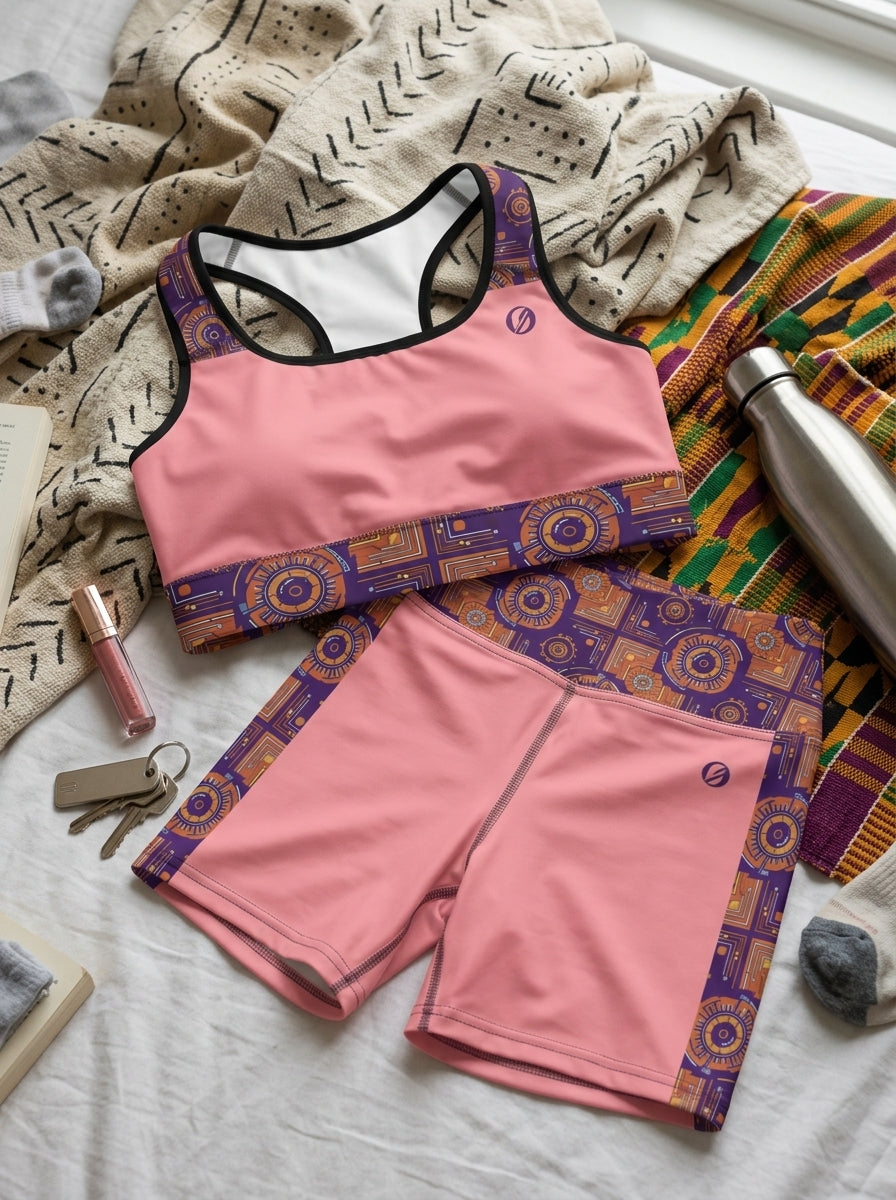 Sankofa Set // Bra + Shorts — Adaeze Pink colorway — flat lay with lifestyle accessories — SunBorn