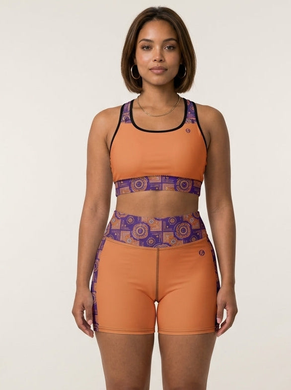 Sankofa Set // Bra + Shorts — Sango Orange colorway — studio front view — SunBorn