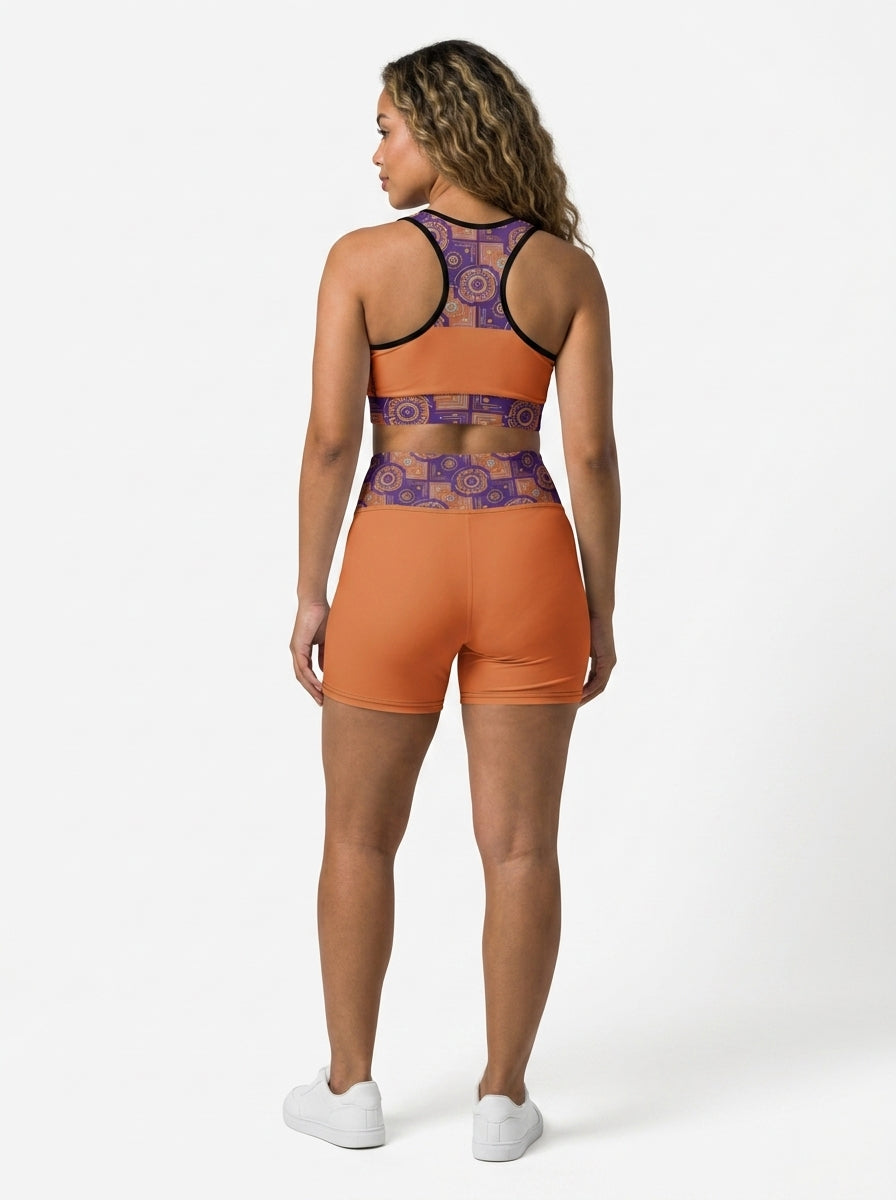 Sankofa Set // Bra + Shorts — Sango Orange colorway — studio back view — SunBorn