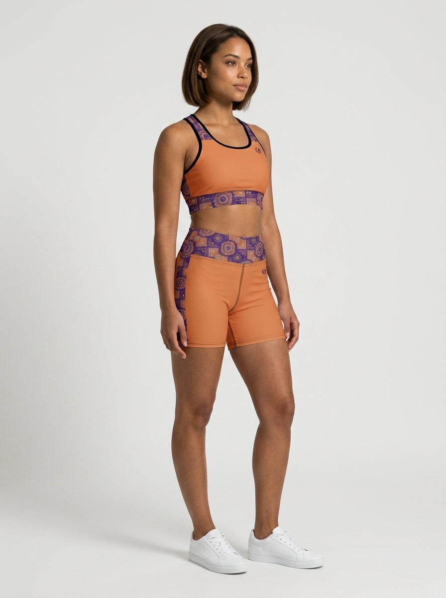 Sankofa Set // Bra + Shorts — Sango Orange colorway — three-quarter angle, right — SunBorn