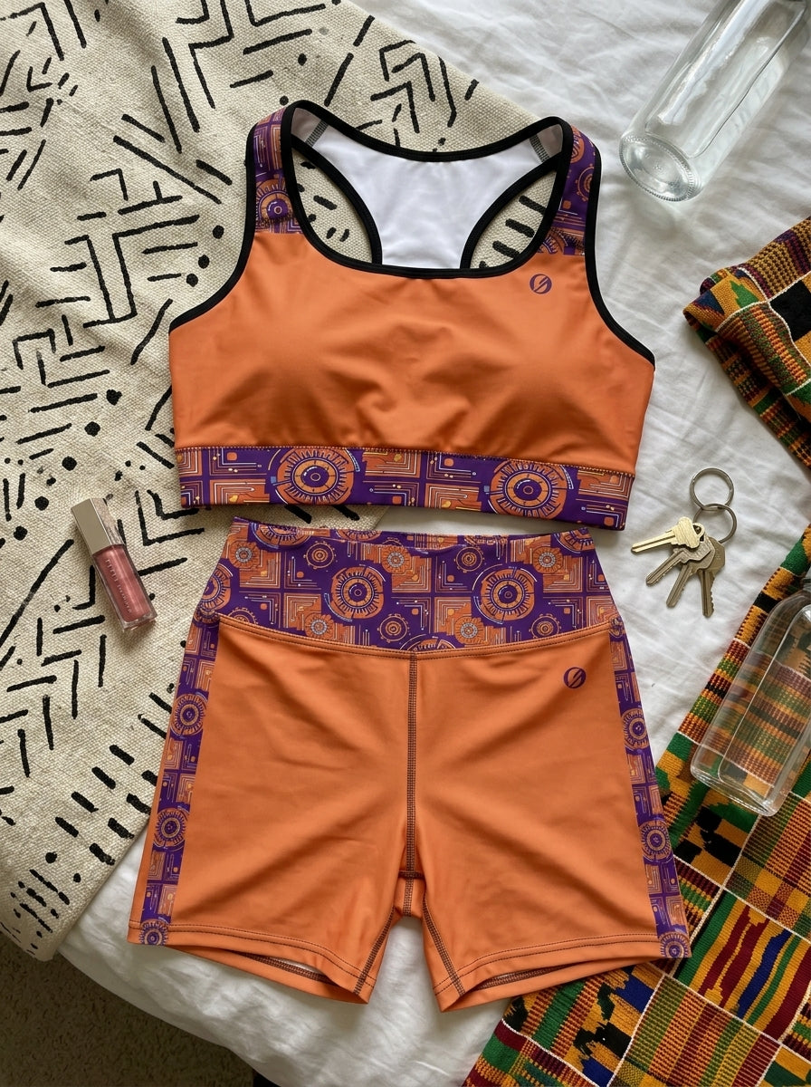 Sankofa Set // Bra + Shorts — Sango Orange colorway — flat lay with lifestyle accessories — SunBorn
