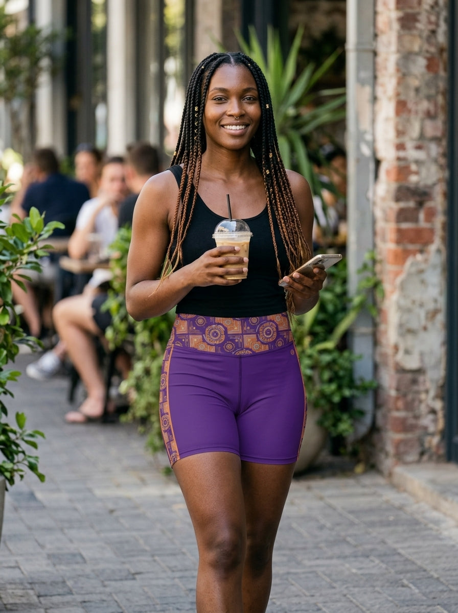 Sankofa Yoga Shorts in the Kinetic Engine print, outdoor candid shot on basketball court — SunBorn