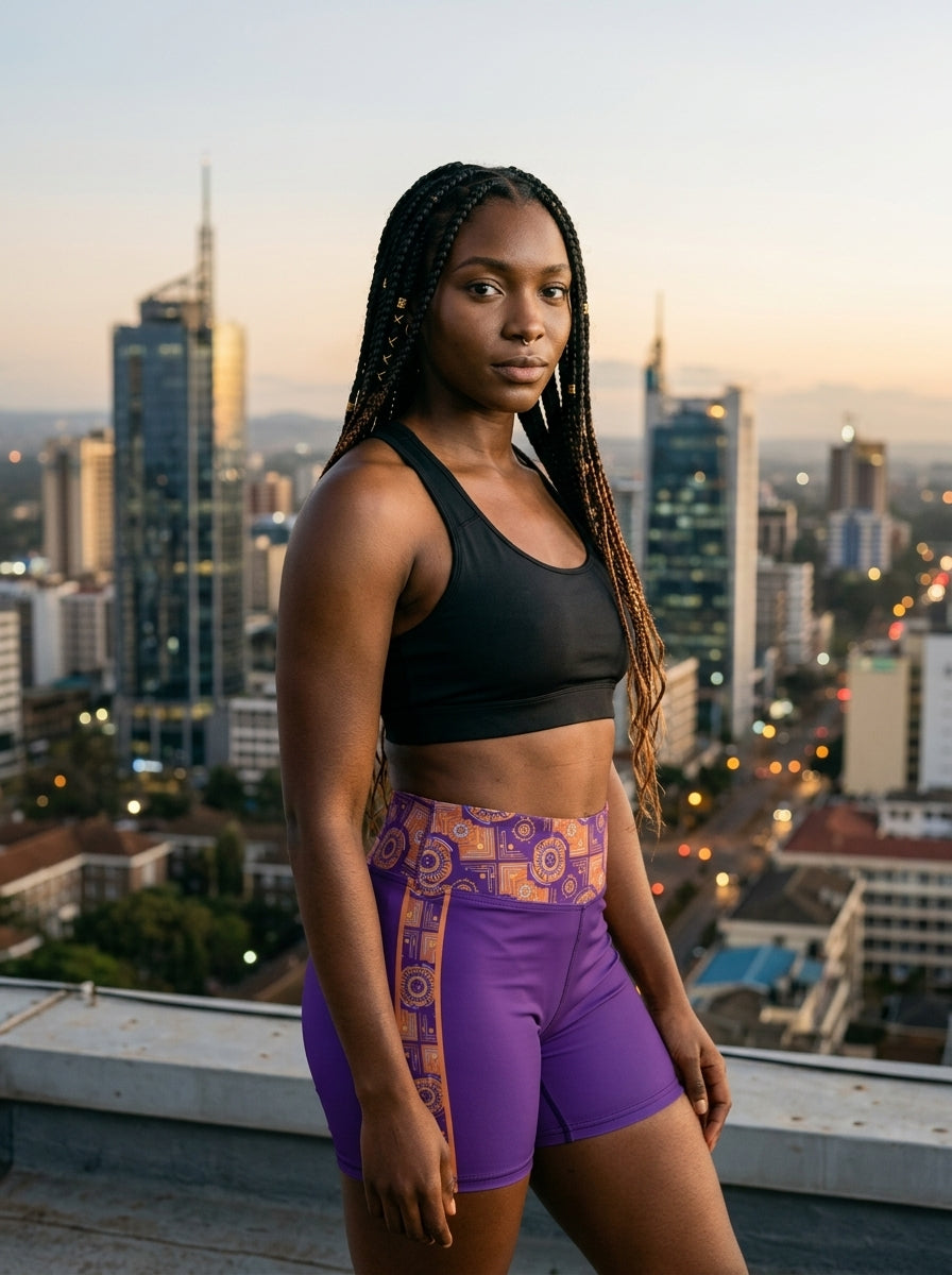 Sankofa Yoga Shorts in the Kinetic Engine print, editorial golden hour portrait — SunBorn