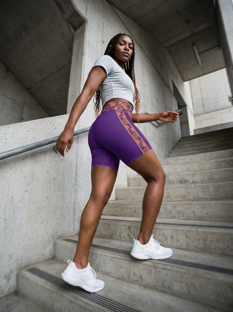 Sankofa Yoga Shorts in the Kinetic Engine print, studio front view, alternate angle — SunBorn