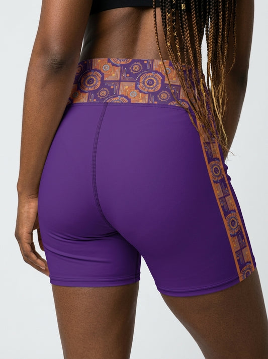 Sankofa Yoga Shorts in the Kinetic Engine print, back view — SunBorn