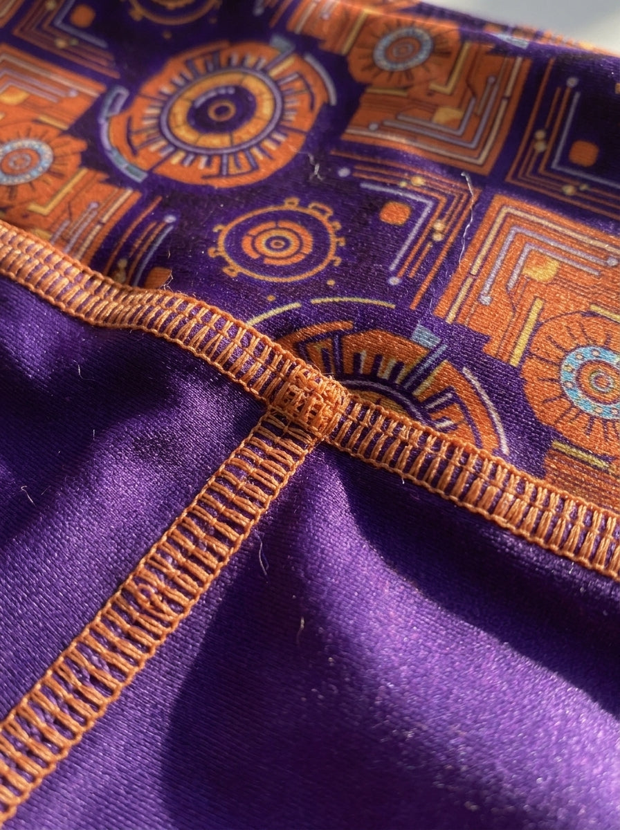 Close-up of the purple, burnt orange and cyan Kinetic Engine print and waistband seam detail on the Sankofa Yoga Shorts — SunBorn