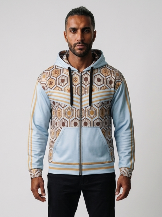 AnanseNova™ Zip Hoodie in Igwe Blue, front view on model — hexagon all-over print, bronze chevron stripes, full zip