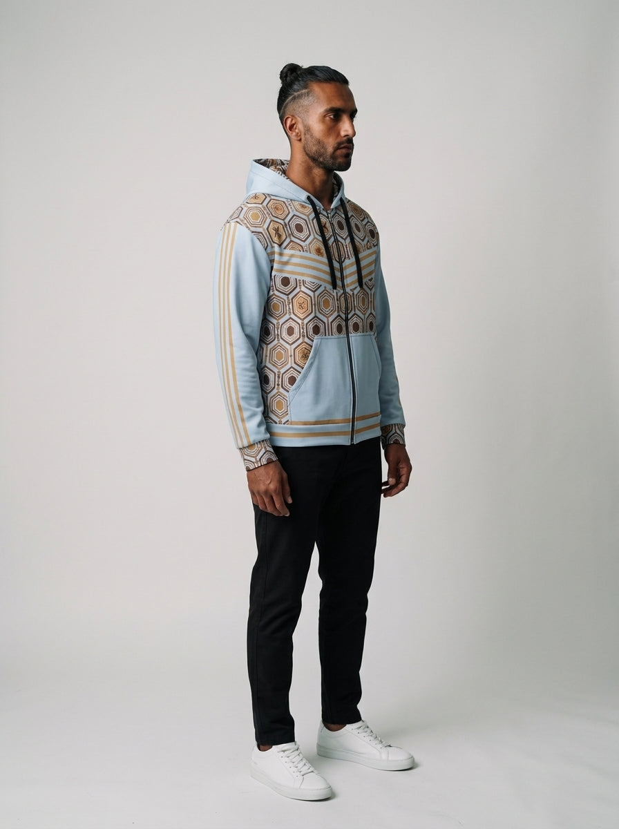 AnanseNova™ Zip Hoodie in Igwe Blue, three-quarter right view on model