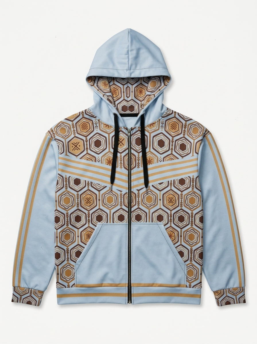 AnanseNova™ Zip Hoodie in Igwe Blue, flat lay with hexagon-lined hood