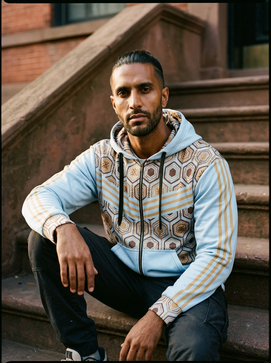 AnanseNova™ Zip Hoodie in Igwe Blue, everyday fit on model — AkomaDrive™ recycled fleece