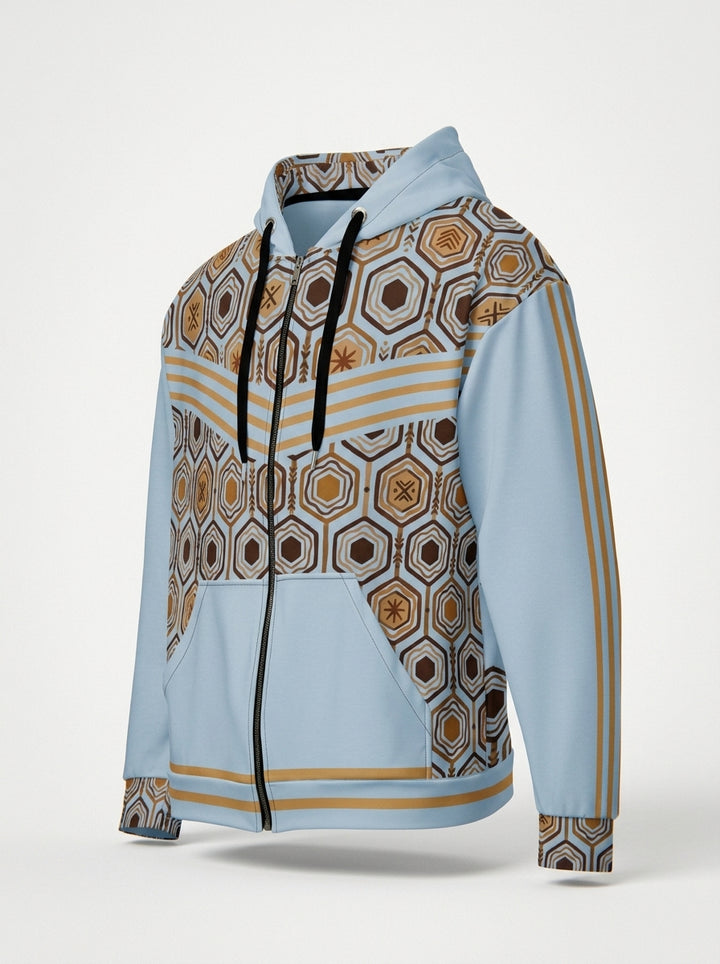 AnanseNova™ Zip Hoodie in Igwe Blue, ghost mannequin three-quarter view