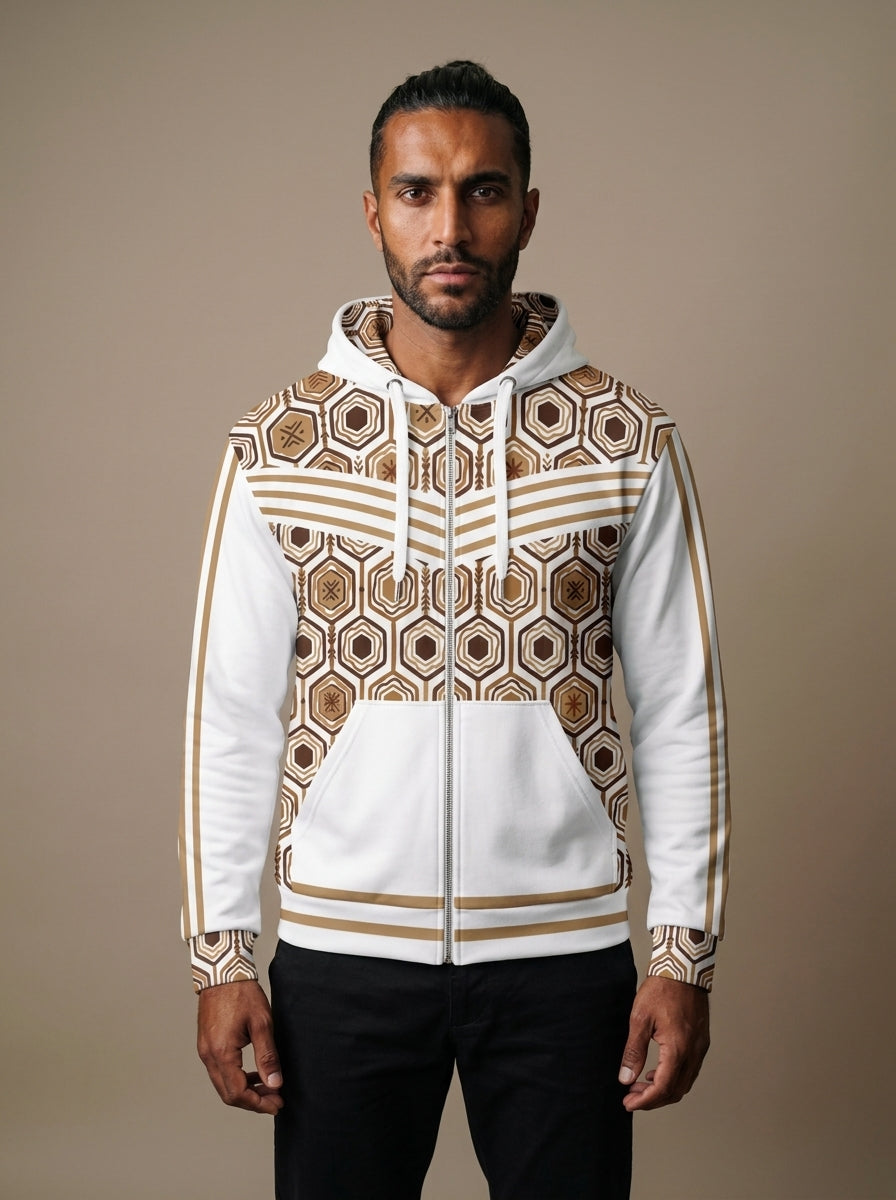 AnanseNova™ Zip Hoodie in Ocha White, front view on model — hexagon all-over print, bronze chevron stripes, full zip