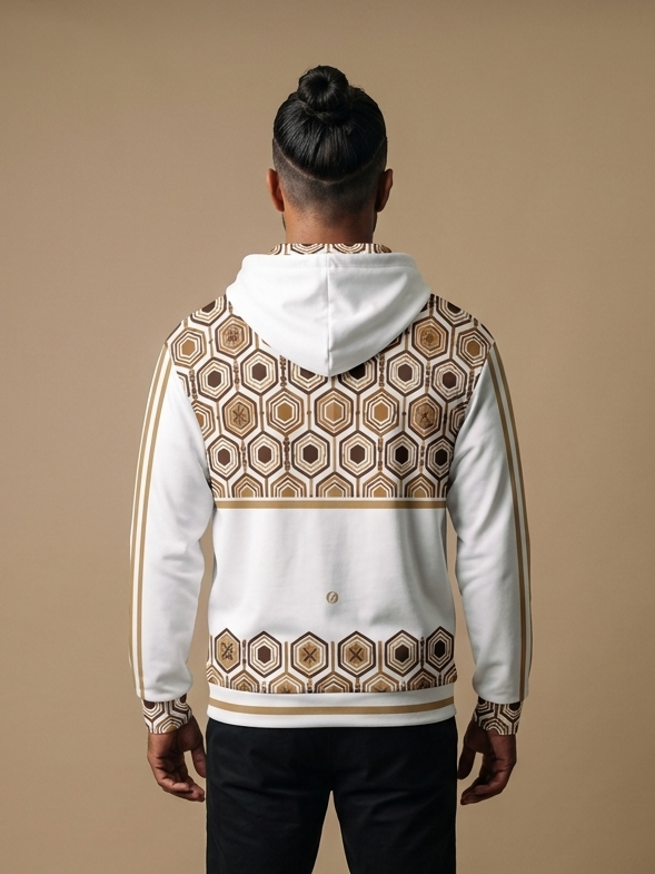 AnanseNova™ Zip Hoodie in Ocha White, back view — hexagon yoke panel and hexagon hem band