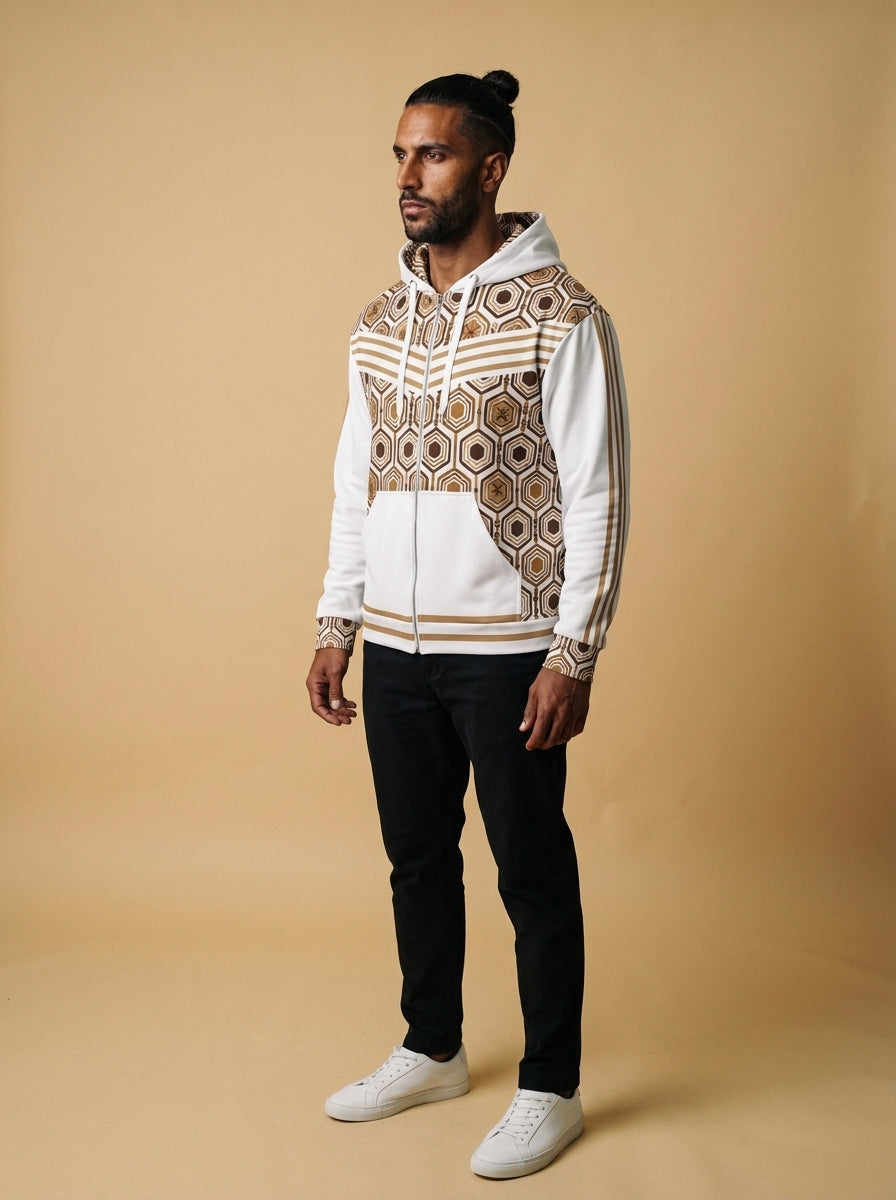 AnanseNova™ Zip Hoodie in Ocha White, three-quarter left view on model