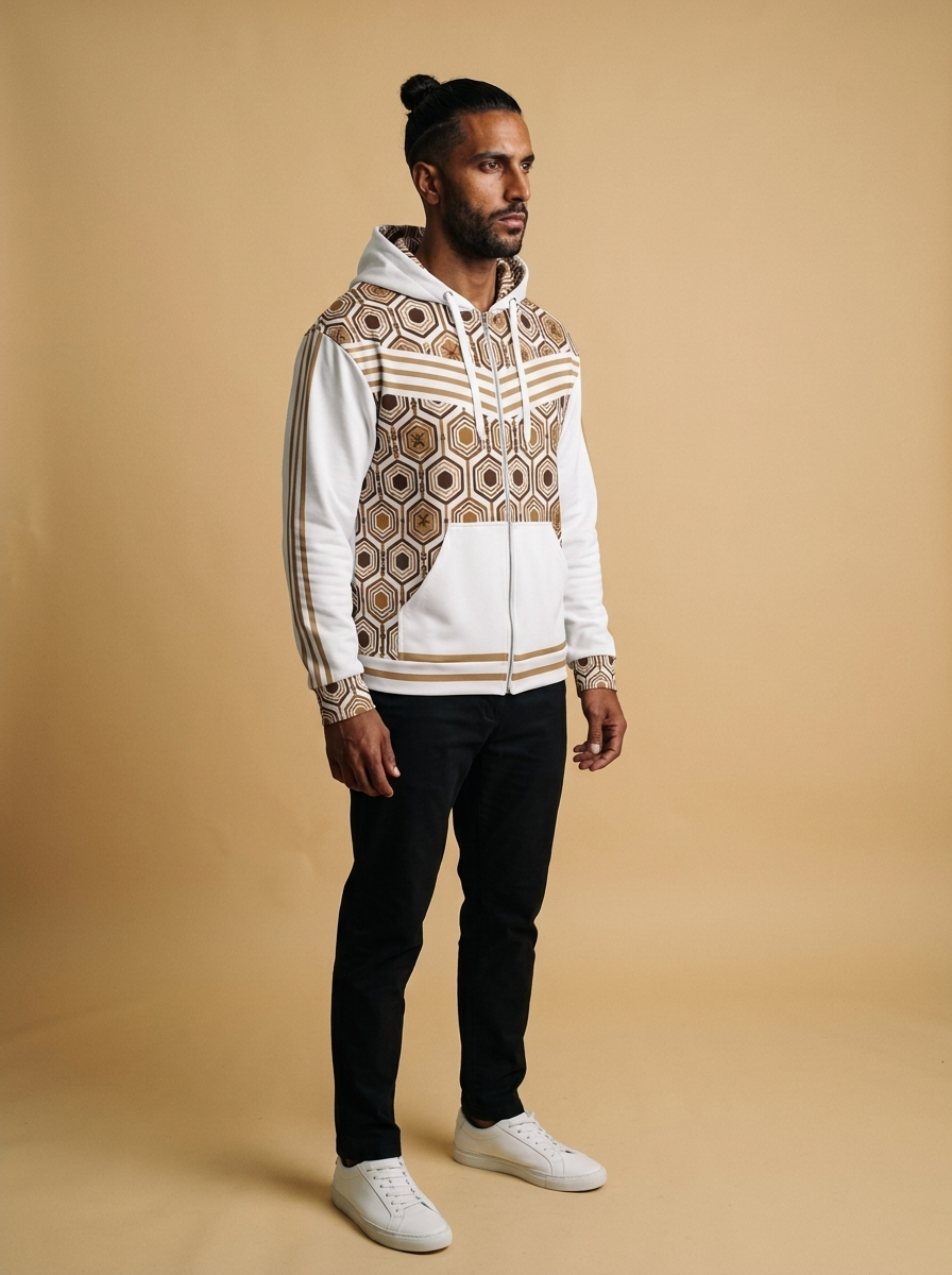 AnanseNova™ Zip Hoodie in Ocha White, three-quarter right view on model