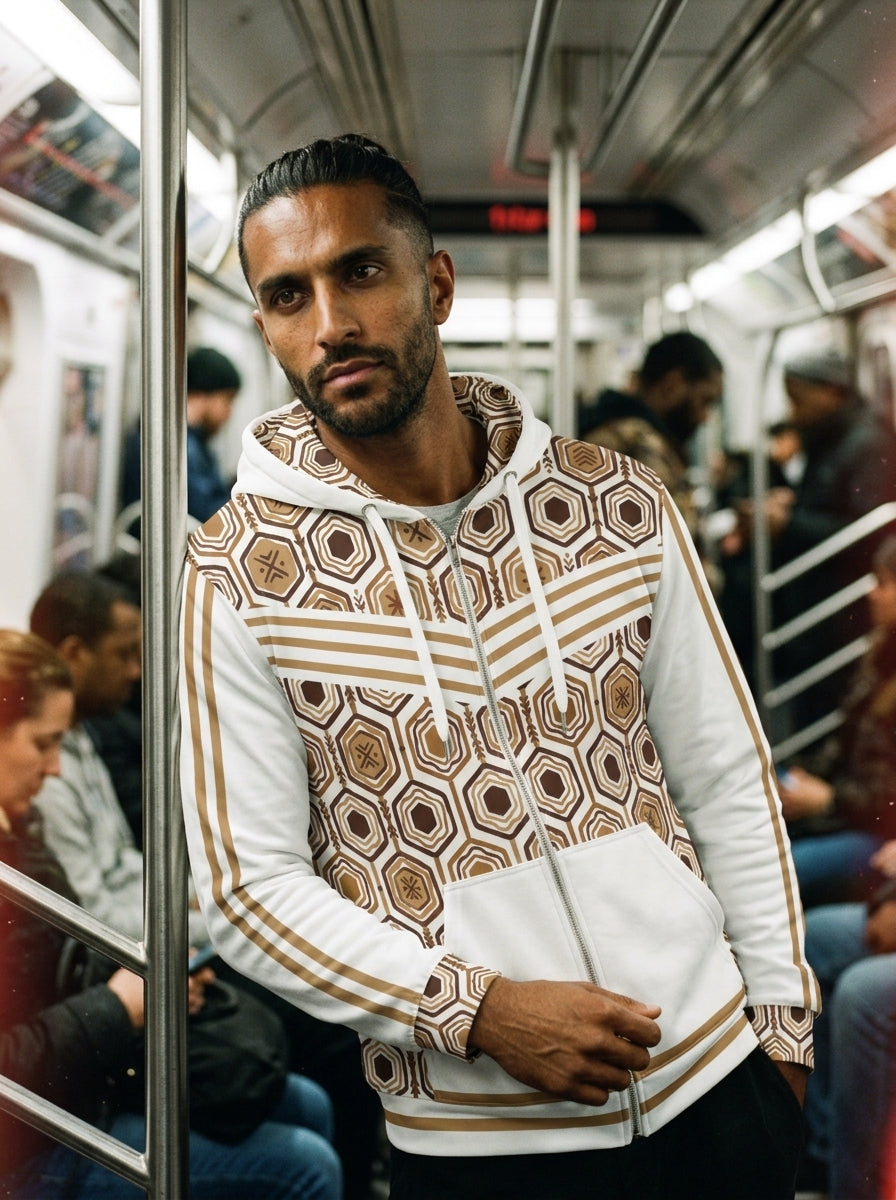 AnanseNova™ Zip Hoodie in Ocha White, worn in the city — AkomaDrive™ recycled fleece