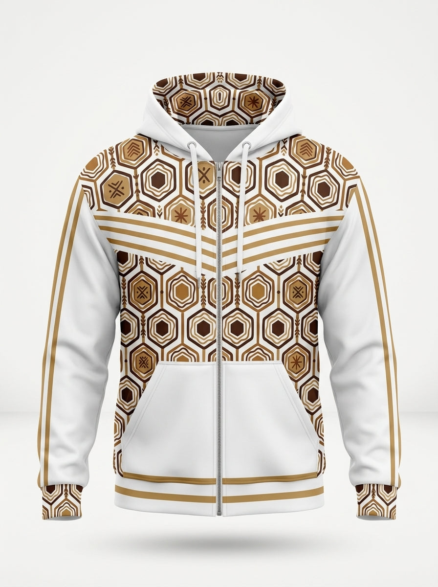 AnanseNova™ Zip Hoodie in Ocha White, ghost mannequin front — hexagon-lined hood and chest web