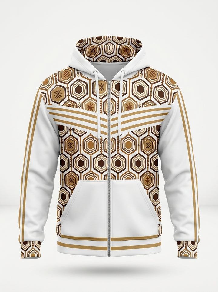 AnanseNova™ Zip Hoodie in Ocha White, ghost mannequin front — hexagon-lined hood and chest web