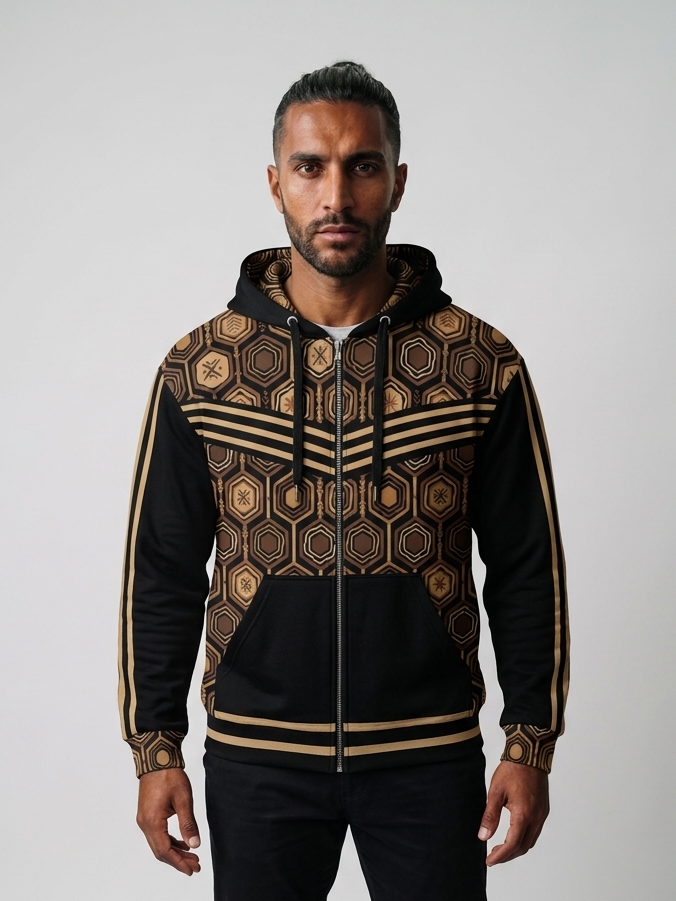 AnanseNova™ Zip Hoodie in Oji Black, front view on model — hexagon all-over print, bronze chevron stripes, full zip