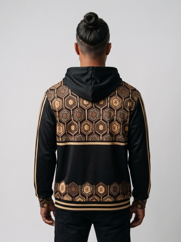 AnanseNova™ Zip Hoodie in Oji Black, back view — hexagon yoke panel and hexagon hem band