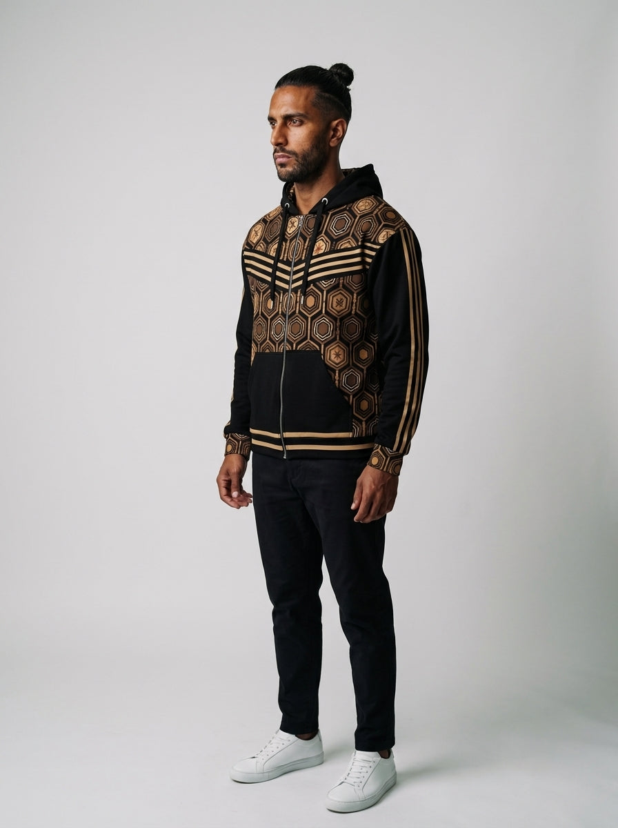 AnanseNova™ Zip Hoodie in Oji Black, three-quarter left view on model