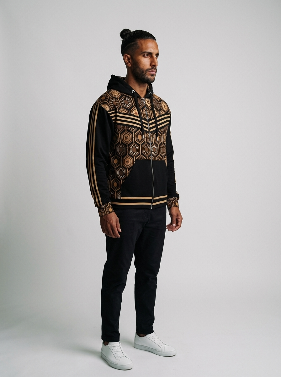 AnanseNova™ Zip Hoodie in Oji Black, three-quarter right view on model