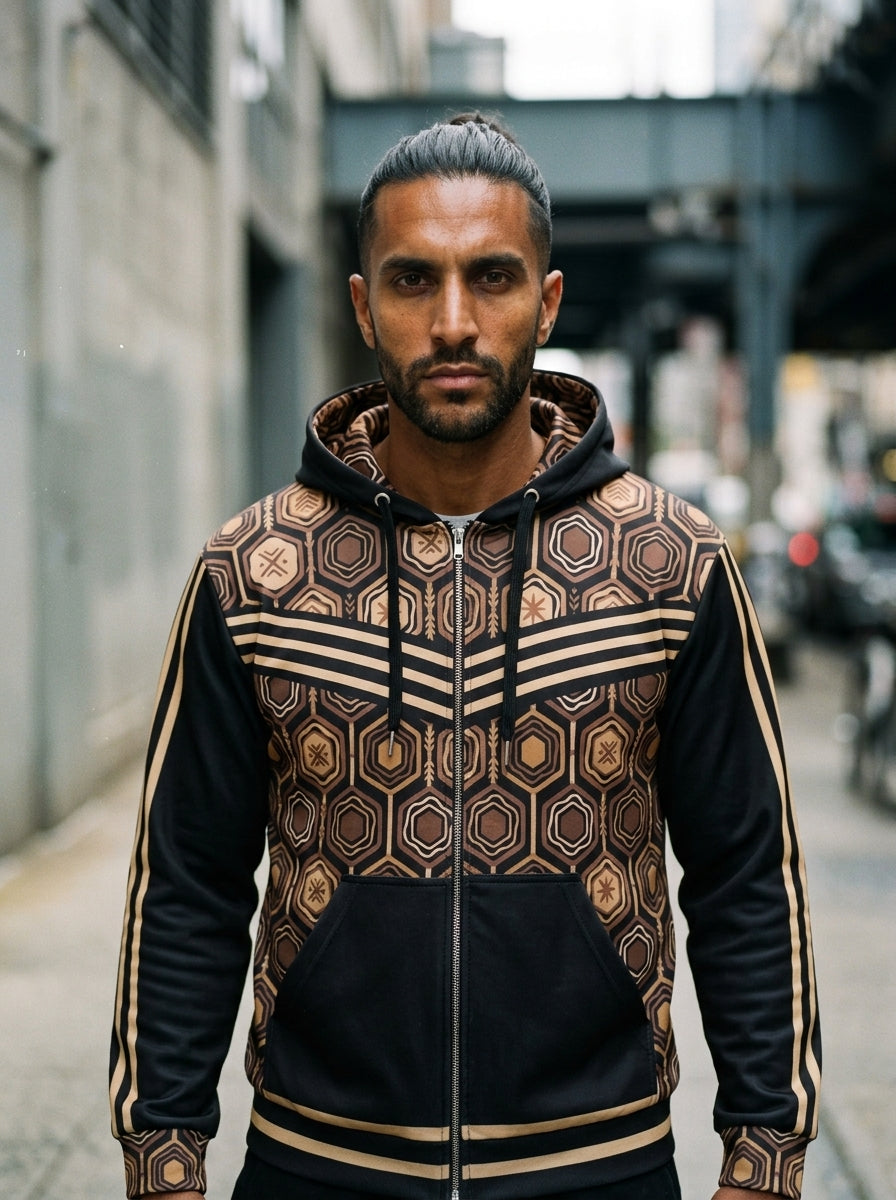 AnanseNova™ Zip Hoodie in Oji Black, worn on a city street — AkomaDrive™ recycled fleece