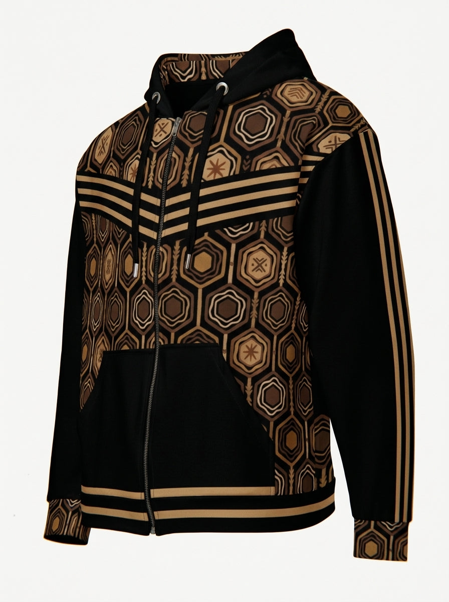 AnanseNova™ Zip Hoodie in Oji Black, ghost mannequin three-quarter view