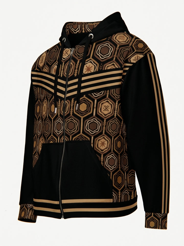 AnanseNova™ Zip Hoodie in Oji Black, ghost mannequin three-quarter view