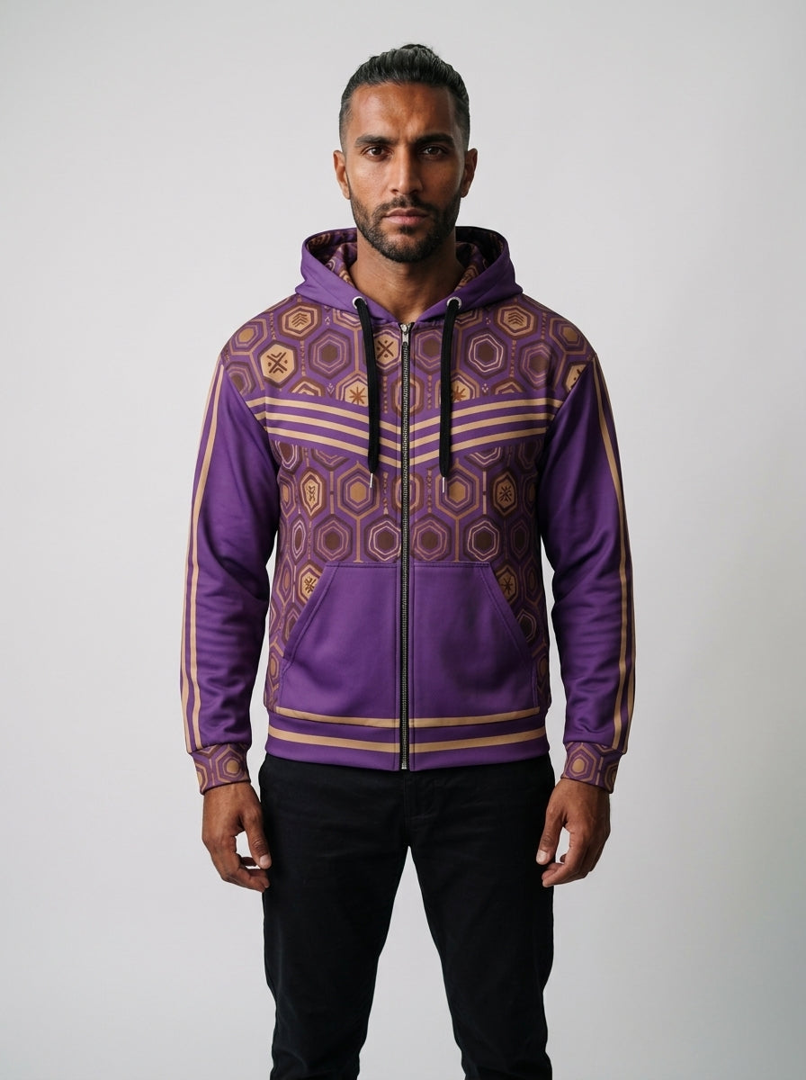 AnanseNova™ Zip Hoodie in Ugo Purple, front view on model — hexagon all-over print, bronze chevron stripes, full zip