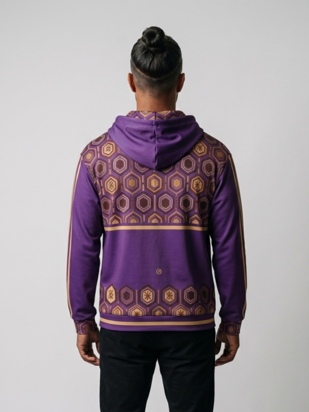 AnanseNova™ Zip Hoodie in Ugo Purple, back view — hexagon yoke panel and hexagon hem band