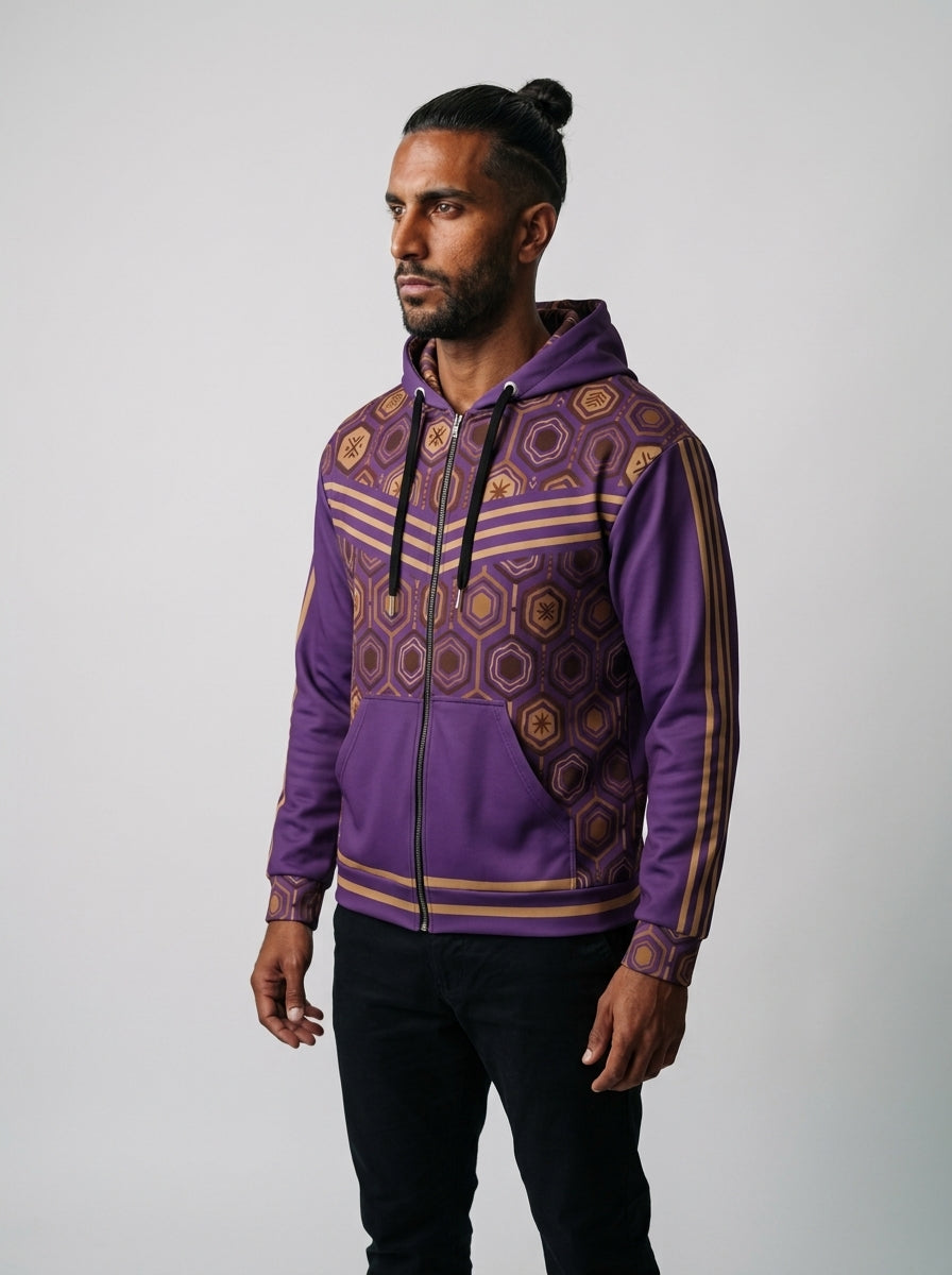 AnanseNova™ Zip Hoodie in Ugo Purple, three-quarter left view on model