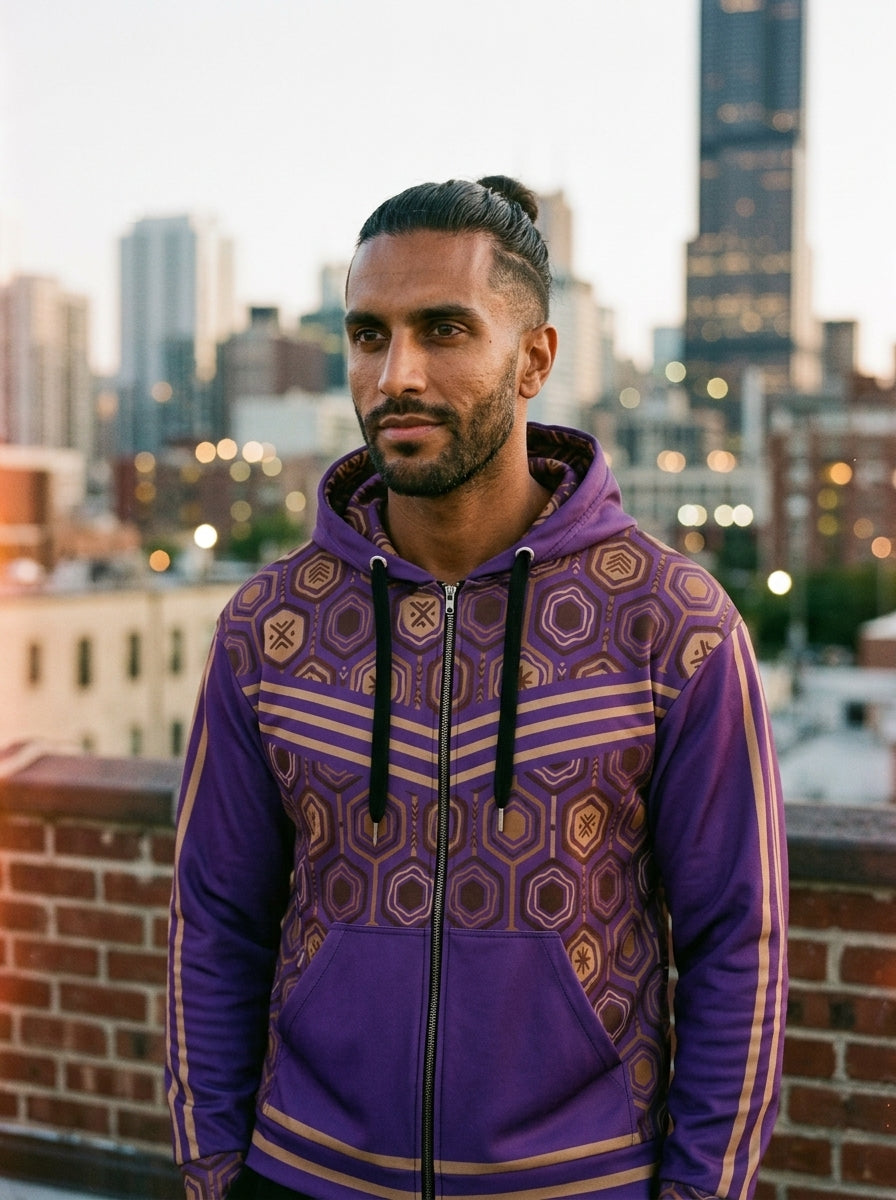 AnanseNova™ Zip Hoodie in Ugo Purple, worn in the city — AkomaDrive™ recycled fleece