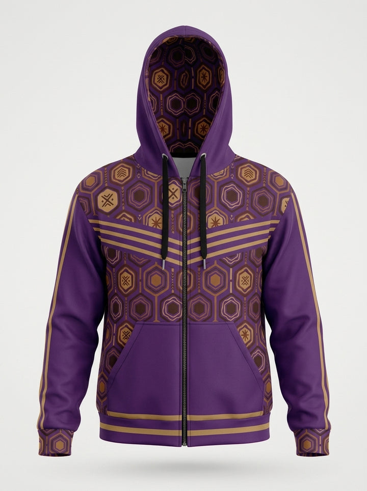 AnanseNova™ Zip Hoodie in Ugo Purple, ghost mannequin front — hexagon-lined hood and chest web