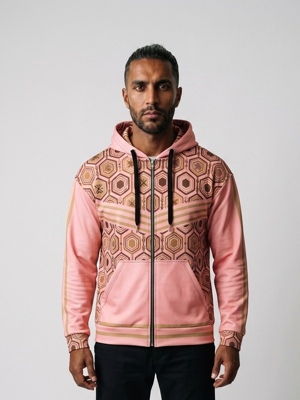 AnanseNova™ Zip Hoodie in Eze Pink, front view on model — hexagon all-over print, bronze chevron stripes, full zip