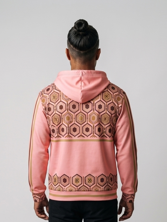 AnanseNova™ Zip Hoodie in Eze Pink, back view — hexagon yoke panel and hexagon hem band
