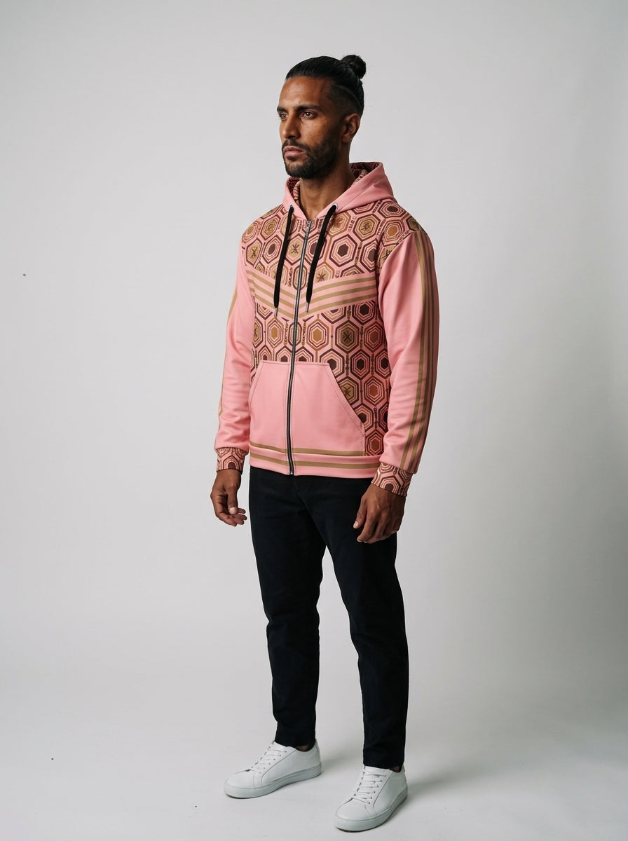 AnanseNova™ Zip Hoodie in Eze Pink, three-quarter left view on model