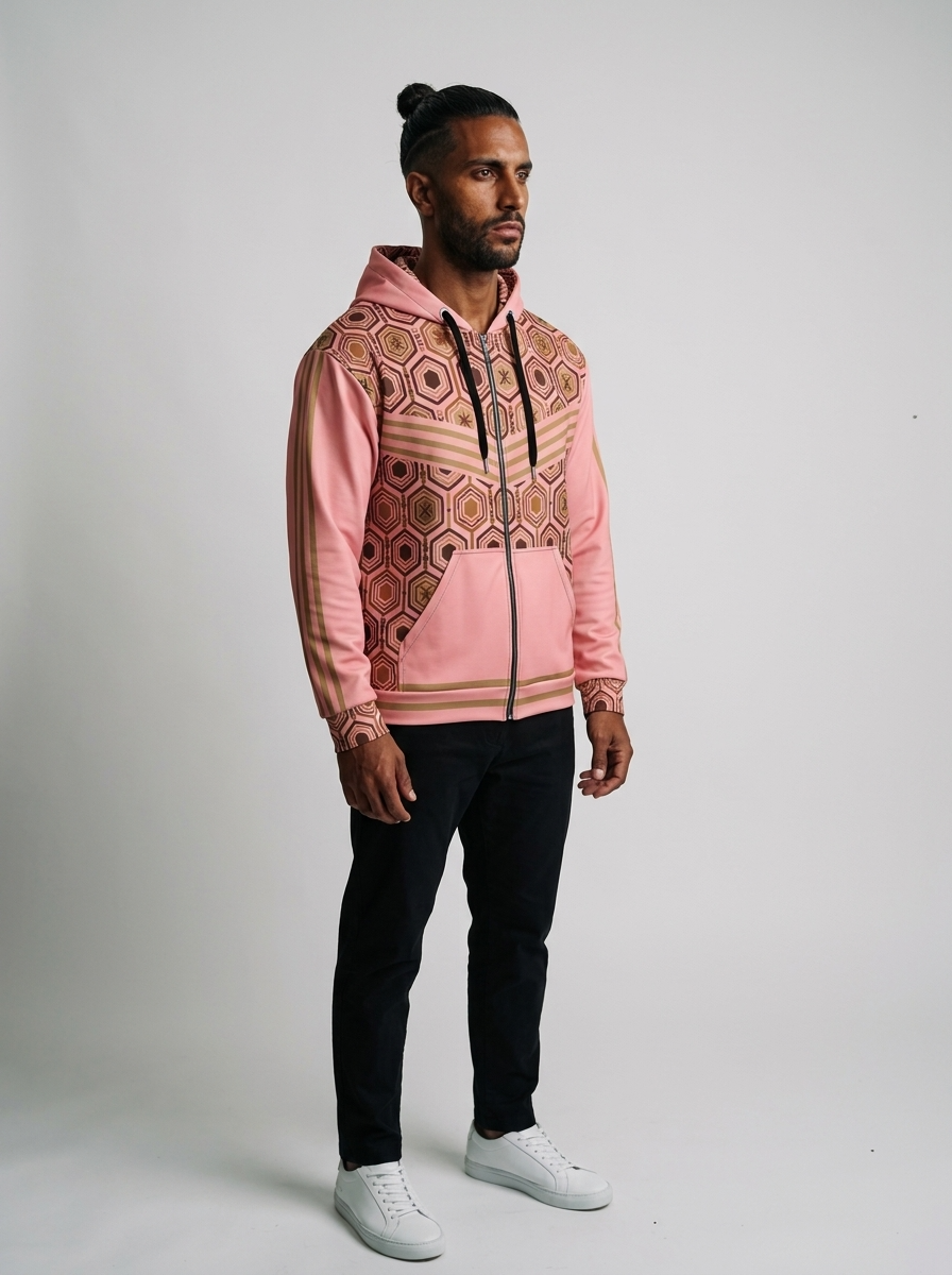 AnanseNova™ Zip Hoodie in Eze Pink, three-quarter right view on model