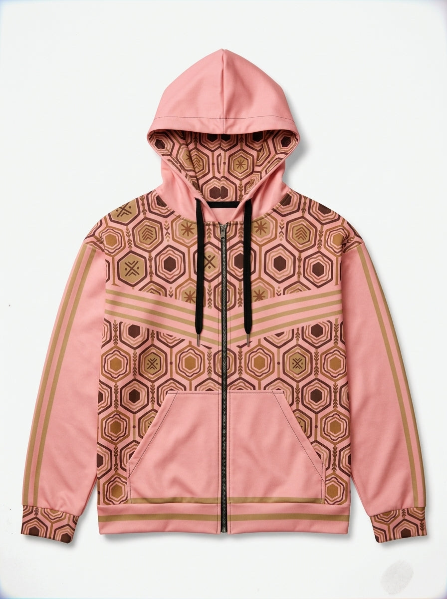 AnanseNova™ Zip Hoodie in Eze Pink, flat lay with hexagon-lined hood