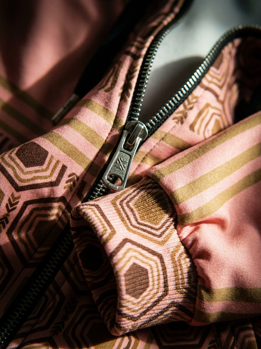 AnanseNova™ Zip Hoodie in Eze Pink, close-up of metal zipper, ribbed hexagon cuff and print detail