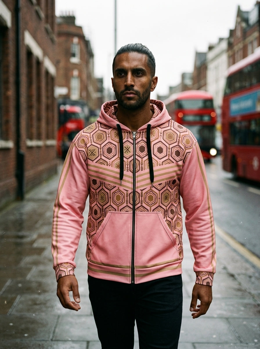 AnanseNova™ Zip Hoodie in Eze Pink, everyday fit on model — AkomaDrive™ recycled fleece