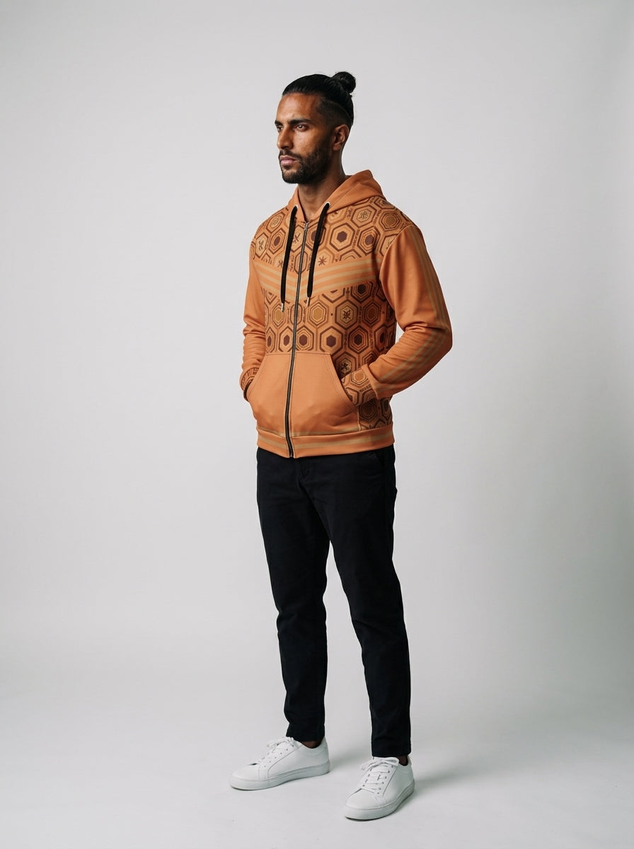 AnanseNova™ Zip Hoodie in Sango Orange, three-quarter left view on model