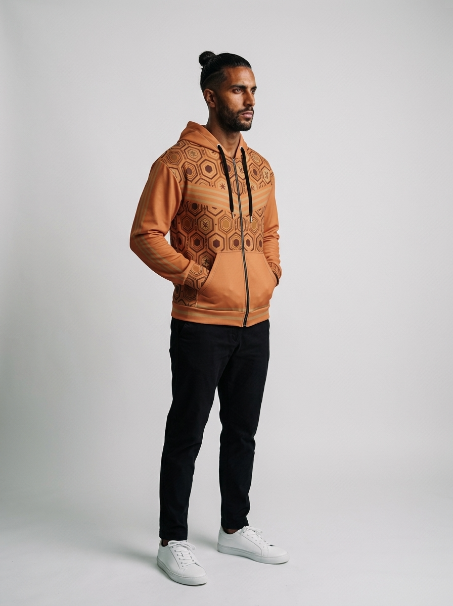 AnanseNova™ Zip Hoodie in Sango Orange, three-quarter right view on model